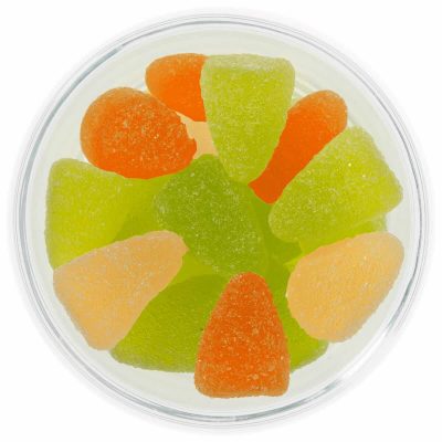 caramella assortite al gusti assortiti di Happy Hour, gommose gialle arancione e verdi con zucchero di canna bianco