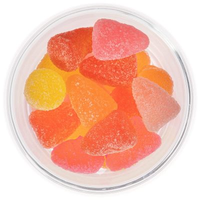 caramelle ai gusti pesca e albicocca, colore simili ai frutti assortite in egual quantità nella confezione